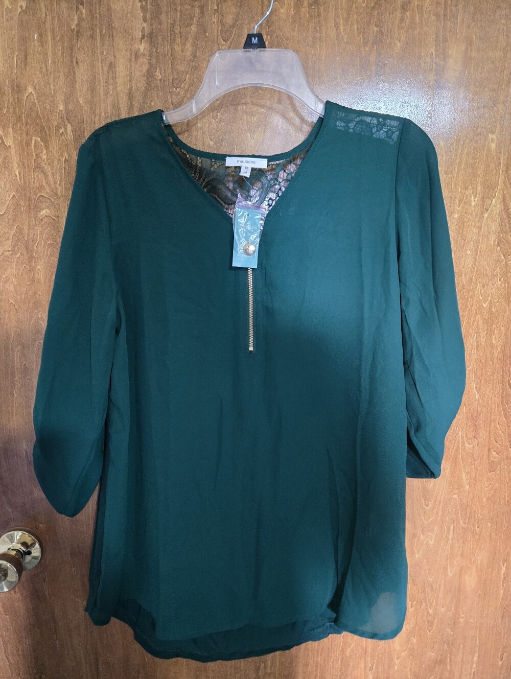 Maurices Dark Green Lace-Trim V-Neck Blouse with Front Zip